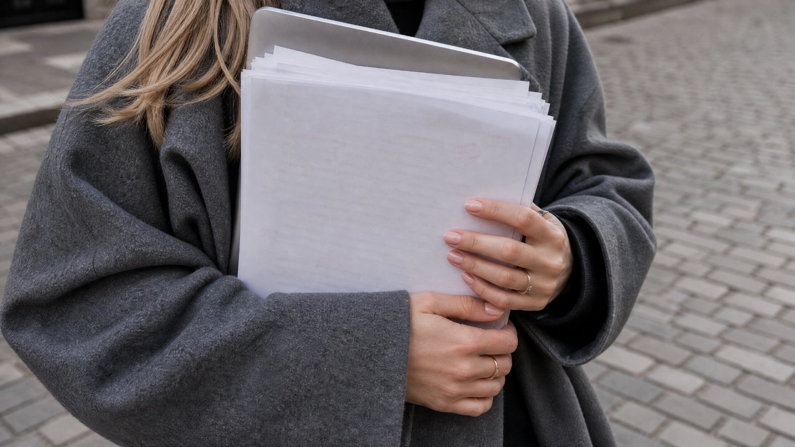 An editor in a grey coat holding a marked-up manuscript outside